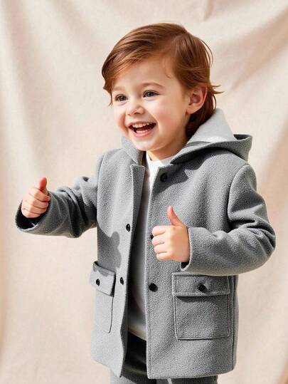 SHEIN 年轻男孩灰色保暖内衬休闲舒适百搭纯色加厚连帽夹克，适合冬季，学院风，英伦绅士复古