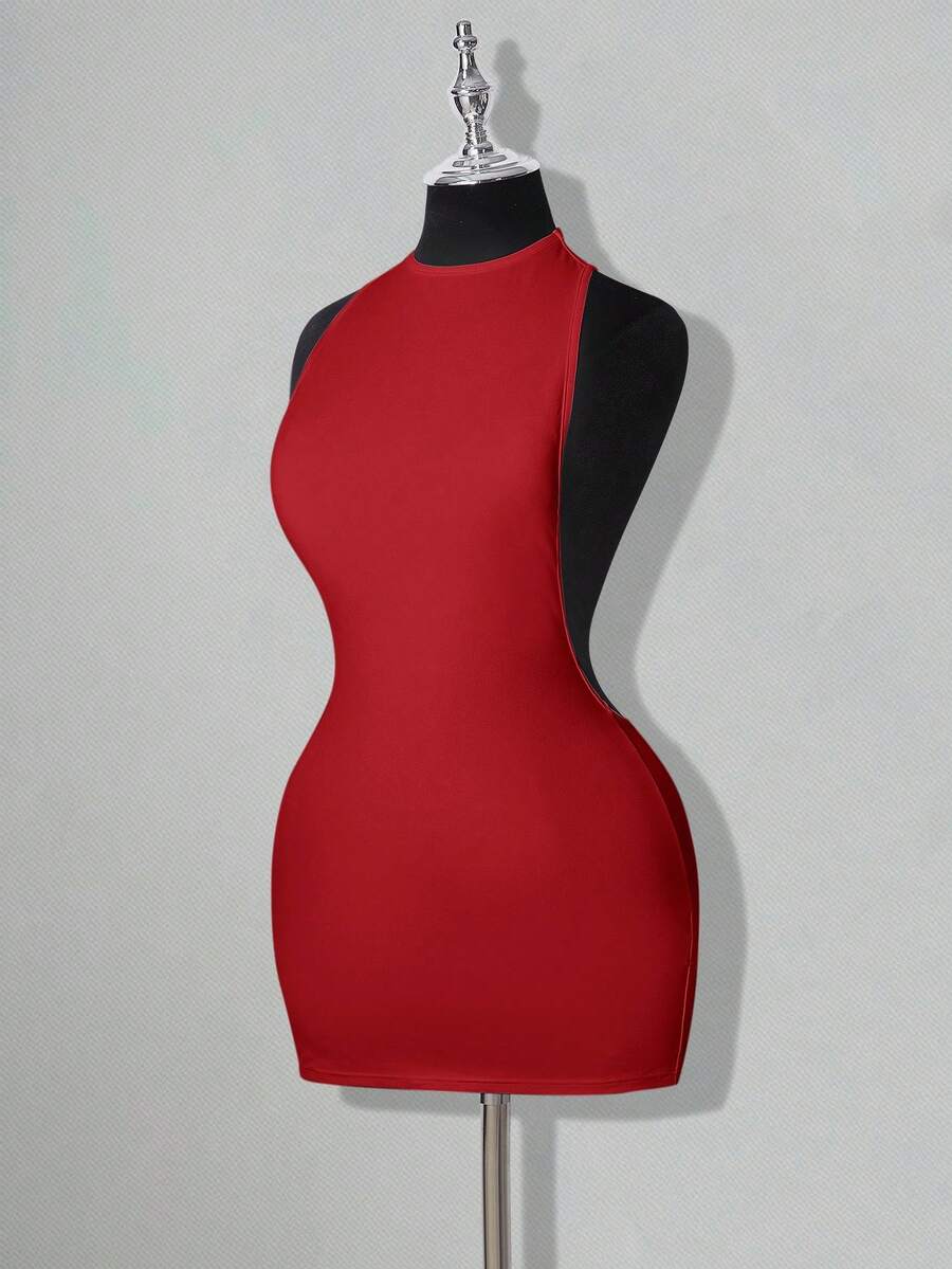 SHEIN ICON Váy ngắn hở lưng gợi cảm, đơn sắc, dáng chữ thập - Đỏ - Xem 1