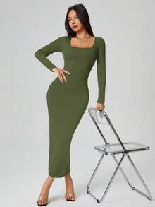 SHEIN PETITE 秋装纯色方领紧身黑色长袖连衣裙 - 軍綠色 - 查看 4