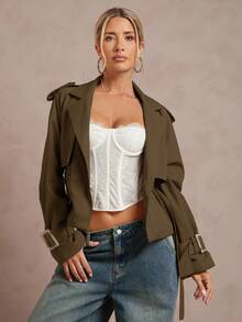 Lumalex Áo khoác trench coat ngắn màu trơn có thắt lưng dành cho nữ mùa thu đông - Cà phê nâu - Xem 3