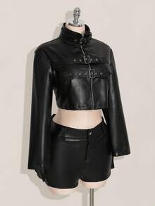 SHEIN ICON 秋季大码女式时尚纯色立领超短夹克 - 黑色 - 查看 5