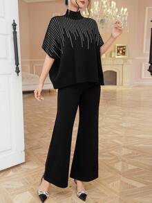 DAZY 2 件套女式休闲水钻装饰高领 3/4 袖毛衣和裤子套装，秋季 - 黑色 - 查看 5