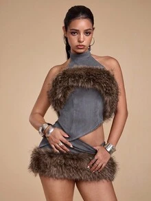 ROMWE Grunge Punk Women's Y2K Suede Patchwork Faux Fur Collar Vintage Distressed Top - Dark Grey - View 3