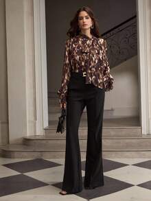 ZEYLAH Women's Elegant Leopard Print Knot Collar Lantern Sleeve Blouse, Suitable For Spring & Autumn Fall - Multicolor - View 1