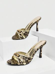 CUCCOO SZL Gold Metal PU Leopard Print & Gold Bone Decor Fashionable Sexy Pointed Toe High Heel Mule Sandals