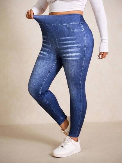 Elaquor Leggings de talla grande para mujer con estampado de mezclilla