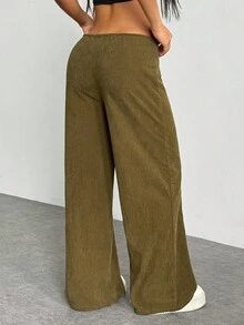 SHEIN 女士纯色抽绳腰阔腿宽松休闲裤 - 橄欖綠 - 查看 2