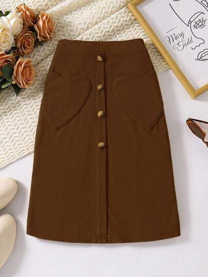 Sparklyn 女童休闲灯芯绒心形口袋中长修身半身裙，春秋