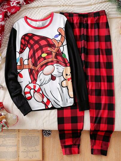 Set de pantalón y top de manga larga con gráfico minimalista de Papá Noel para adolescentes varones, conjunto de ropa de estar en casa ajustada