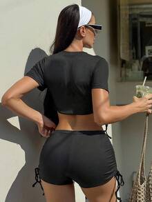 Bonvoyette Summer Beach Mono Tankini Set Ribbed Drawstring Side Wireless Bra & Boxer Shorts 2 Piece Swimsuit Set - Black - View 7