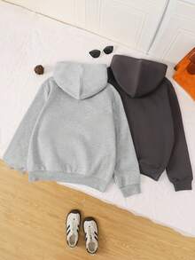 SHEIN 2 件套青少年女孩休闲可爱日常舒适简约针织连帽长袖运动衫夹克套装，适合秋冬季外出、上学和休闲聚会 - 灰色 - 查看 2