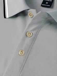 Calvornis 男士對比條紋扣子休閒短袖 Polo 衫，夏季短袖休閒通勤 Polo 衫，適用於高爾夫、正式場合、典禮 - 灰色 - 查看 6
