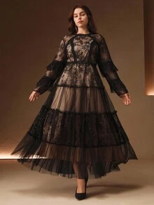 Anewsta 大码女式优雅蕾丝波点网眼拼布荷叶边长袖连衣裙，浪漫风格，适合圣诞节、新年派对、约会、秋冬 - 黑色 - 查看 4