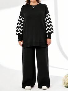 SHEIN Cottnline Plus Size Striped Color Block Sweater And Pants Two-Piece Set, For Winter - Black and White - View 5