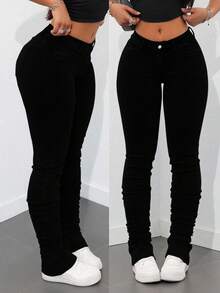 SHEIN ICON Plus Size Women Spring High Waist Skinny Personalized Fashion Jeans - Black - View 1