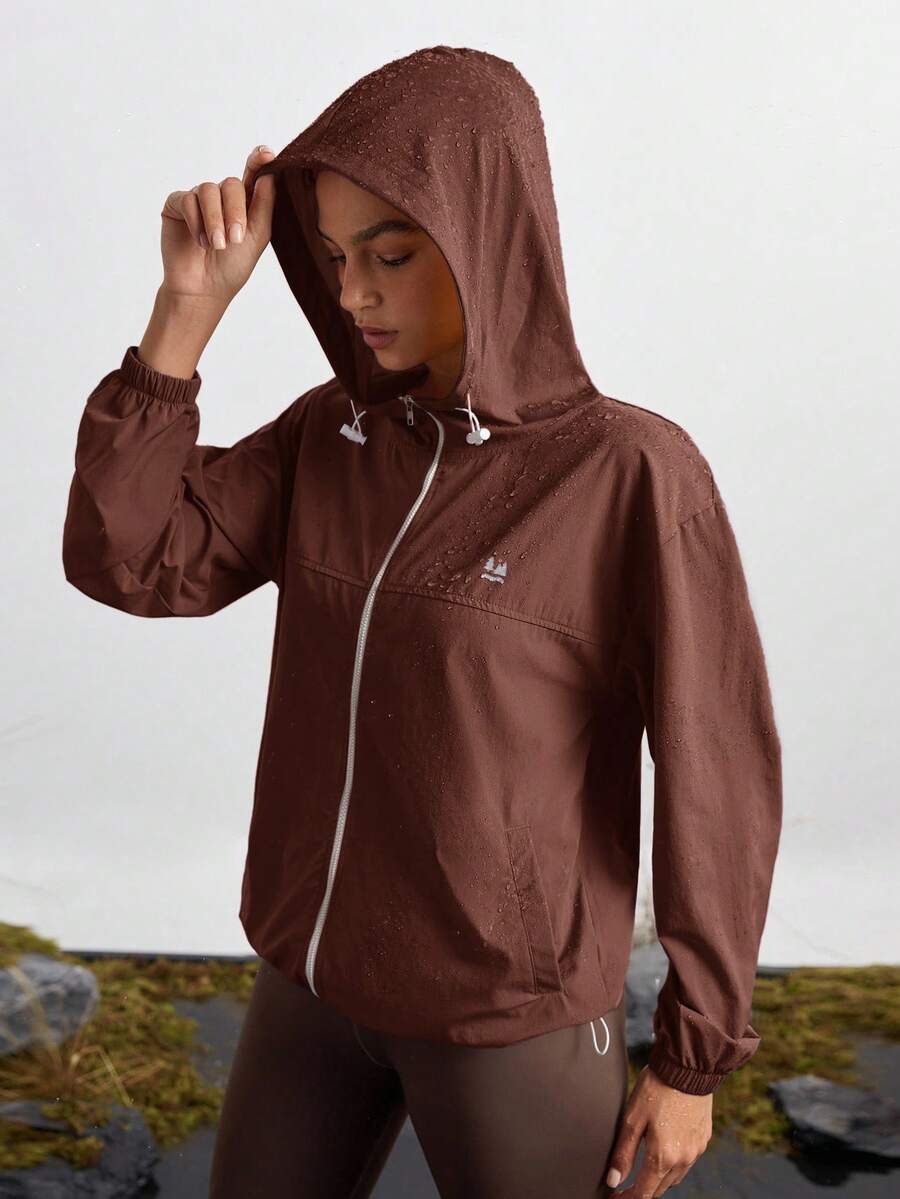 In My Nature Women's Solid Color Drop Shoulder Hooded Casual Zip-Up Drawstring Versatile Outdoor Jacket - Burgundy - View 1