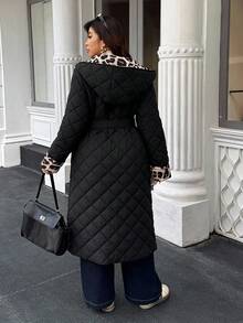 Women's Contrast Leopard Print Hooded Cinched Waist Mid-Length Padded Coat - Black - View 2