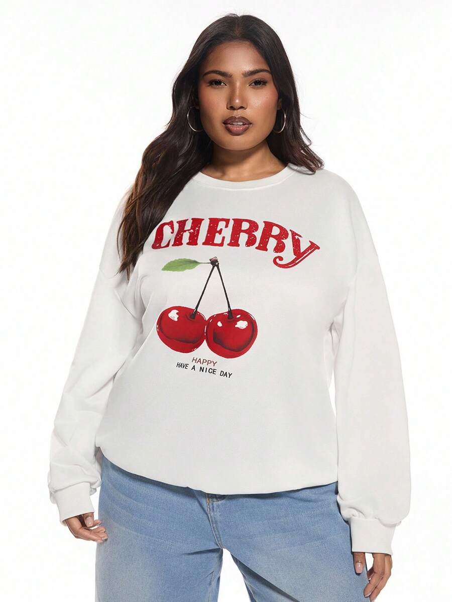 SHEIN EZwear Casual Minimalist Cherry Print Pattern White Round Neck Loose Fit Plus Size Women Sweatshirt In Fall/Winter