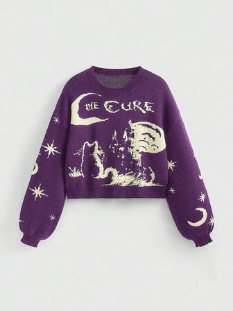 Fairycore Suéter básico de cuello redondo de mujer con tejido jacquard de gato negro, estrella y luna vintage de Halloween