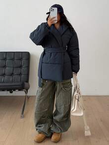 DAZY 女士纯色系带加厚保暖外套，秋冬女式大衣 - 藏蓝色 - 查看 3
