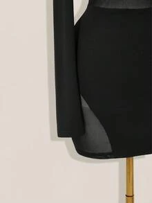 SHEIN ICON Mesh Patchwork Sheer Ruched Long Sleeve Mini Dress