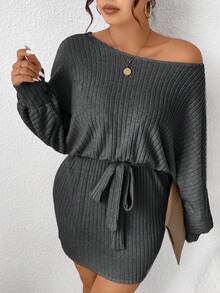 SHEIN Frenchy Plus Size Women's Solid Color Batwing Sleeve Ribbed Casual Belted Dress/Fall/Winter - Dark Grey - View 5