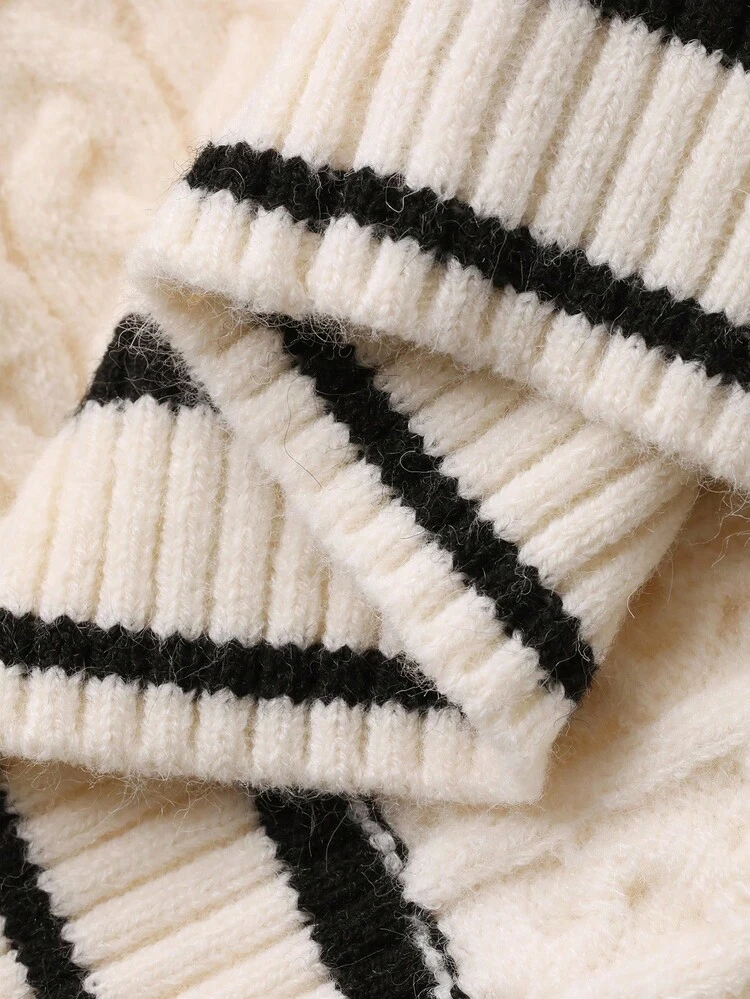 2pcs Young Girls V-Neck Casual Solid Color Cable Knit Twist Sweater And Knit Pants Set Tights