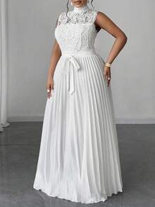 SHEIN CURVE+ Đầm xòe xếp ly không tay cổ đứng cỡ lớn cho nữ, có khóa kéo phía sau và thắt lưng, đầm dự tiệc thanh lịch - trắng - Xem 4