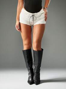 MISSGUIDED Quần short denim cạp cao viền thô, ren phía trước chất liệu cotton, mặc mùa hè, lễ hội, bãi biển, tiệc tùng, thường ngày, quần short cắt cúp dáng cổ điển - trắng - Xem 5