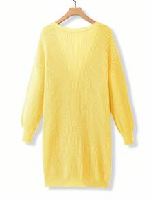 EMERY ROSE Plus Size Women Loose Casual Drop Shoulder Lantern Sleeve Knitted Cardigan, Black Jacquard Pattern, Mid-Length, Versatile For Daily Wear, Autumn/Winter - Light Yellow - View 2