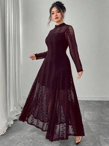 Modelyn Knit Contrast Mesh Sheer Flowy Elegant Romantic Fashion Dress, Long Sleeve, Black, Plus Size - Red Violet - View 5