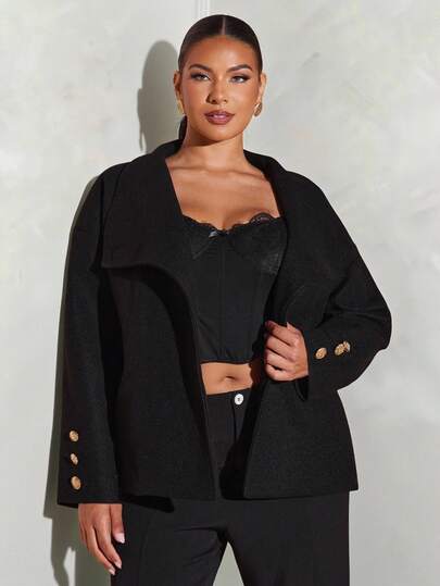 SHEIN BAE Plus Size Black,Autumn,Elegant,Formal,Evening,Formal Stand Collar Short Woolen Coat,Women's Solid Color Fall Winter Overcoat For Christmas New Year
