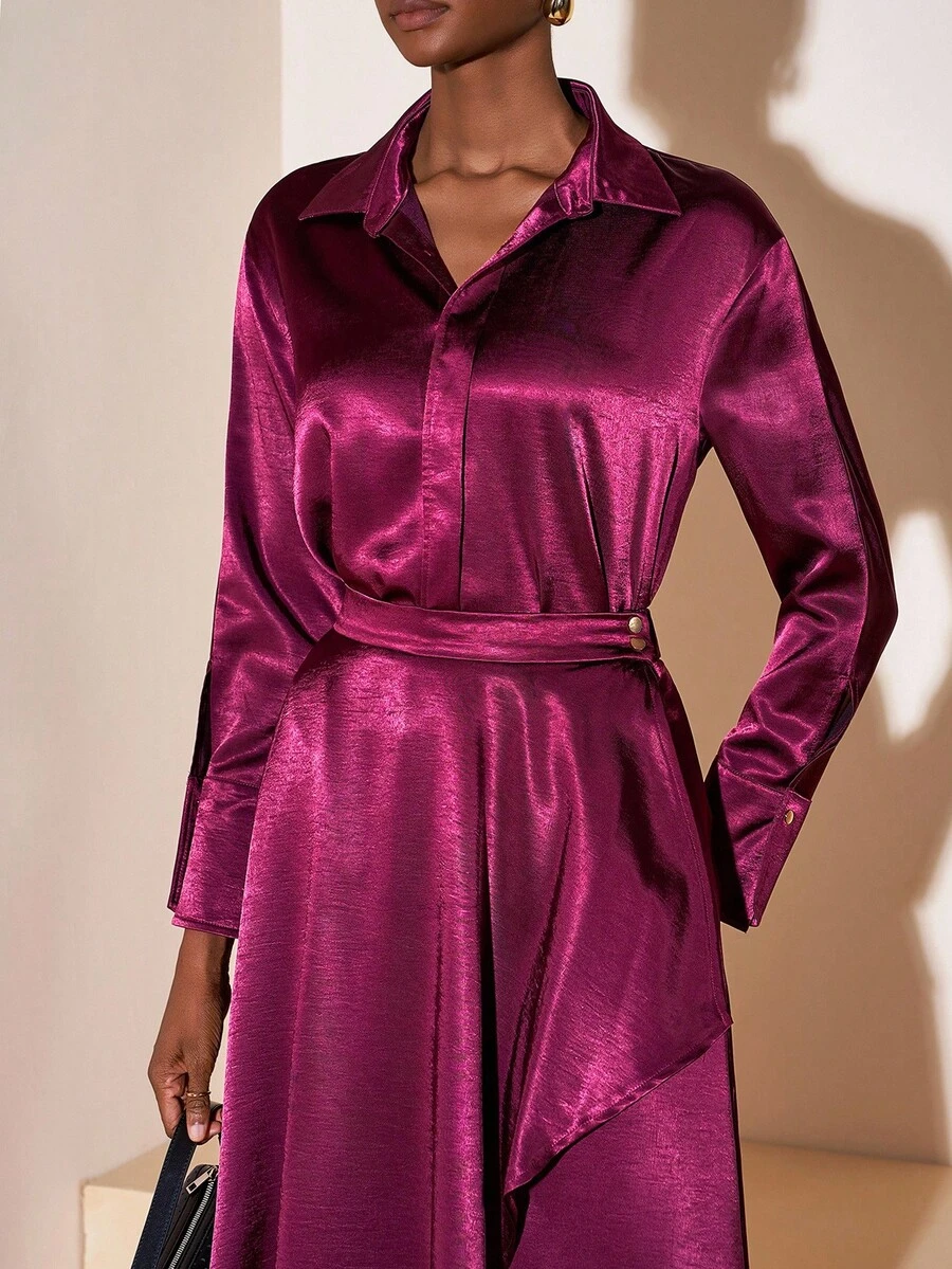Zivah Deep Purple Autumn Elegant Dining 2-Piece Set: Long Sleeve Satin Blouse & Asymmetric Skirt,Wedding Guest Boho,Commute,Brunch,Party Holiday Outfit - Brown - View 1