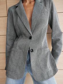 Lumivelle 女式宽松翻领长袖西装外套 - 灰色 - 查看 1