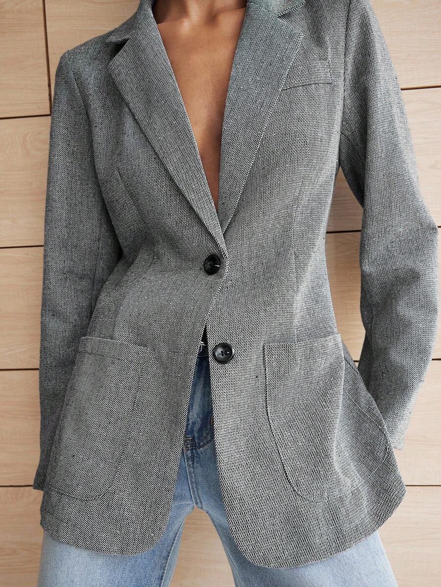 Lumivelle 女式宽松翻领长袖西装外套 - 灰色 - 查看 1