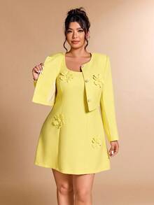 Cravure 3件套3D花卉圆领夹克、背心和连衣裙套装 - 黃色 - 查看 8