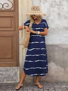 Brillora Striped Hidden Pocket Curved Hem Tee Dress - Navy Blue - View 4