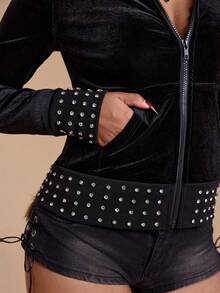 ROMWE Grunge Punk Áo nỉ nhung ôm vừa vặn gợi cảm Y2K đính đá Rhinestone trang trí cho nữ - màu đen - Xem 10