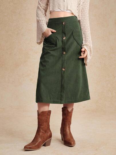 女童休闲灯芯绒心形口袋中长修身半身裙，春秋