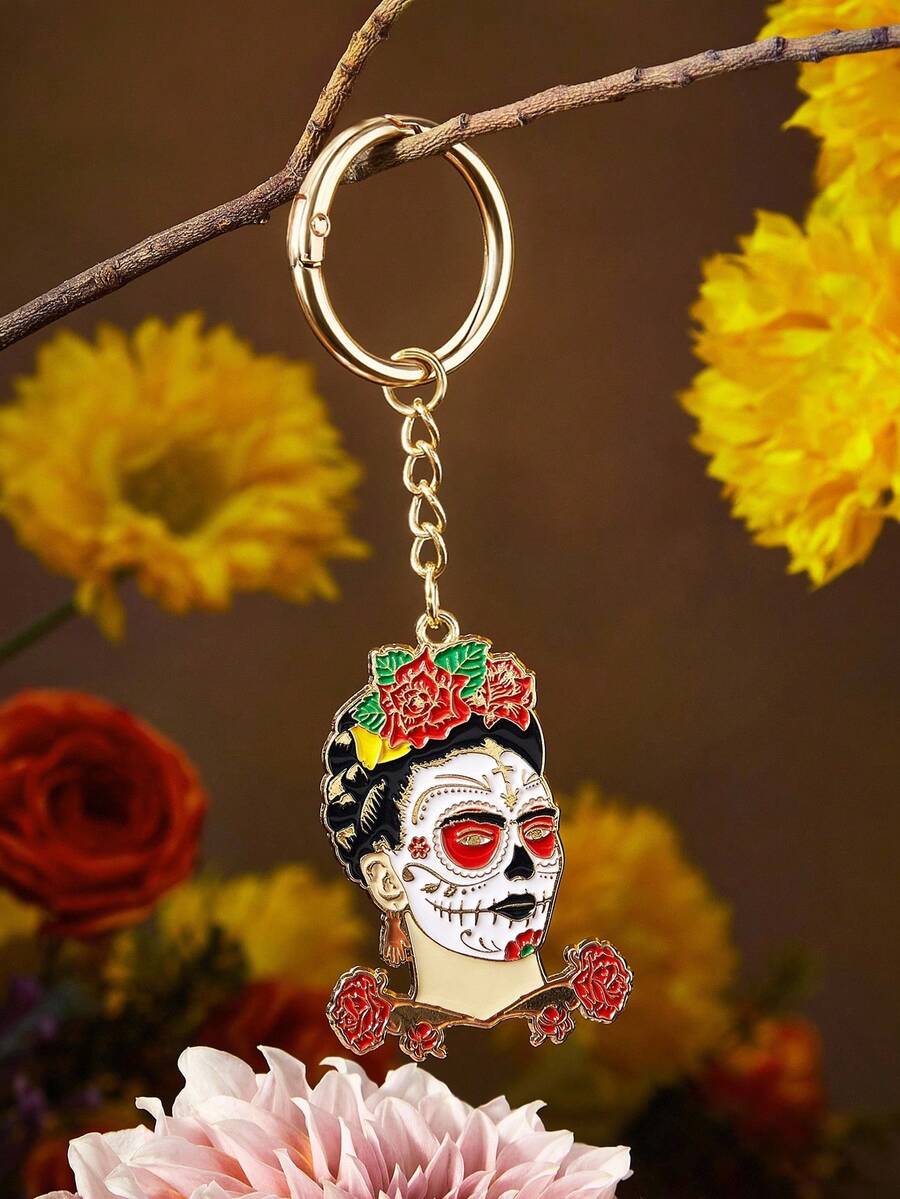 Frida Kahlo X SHEIN Fashion Skull Flower Zinc Alloy Keychain Gold Bag Pendant Ladies Charm Pendant Gift Keyring, Halloween Day Of Dead, Day Of The Dead, Day Of The Dead, Skeleton & Floral, Skeleton, Marigold, Sugar Skulls, Candle - Multicolor - View 1