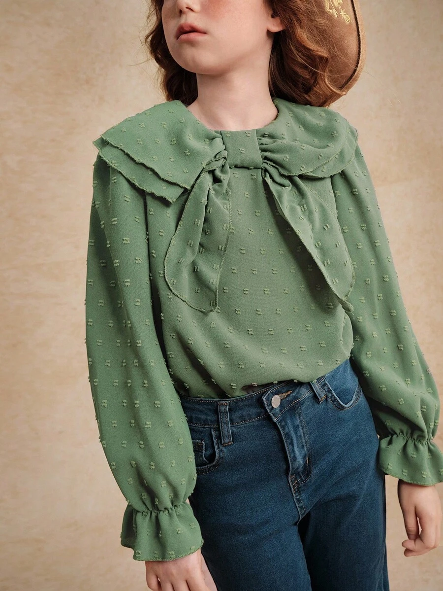 Tween Girl Solid Color Bow Collar Long Sleeve Cute Blouse Fall Winter - Army Green - View 1
