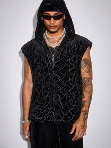 ROMWE MEN Street Life Men's Hooded Zip Front Avant Casual Velvet Vest, For Fall Winter - Black - View 8