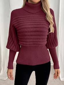 EMERY ROSE Turtleneck Cable Knit Loose Chic Oversized Slim Fit Pullover Sweater - Burgundy - View 6
