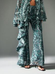 MISSGUIDED Flared Wide Leg Snake Print Ruffle Pants Festival Evening Occasion Statement Trousers Christmas - Green - View 1