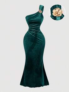 SHEIN MOD Váy dài vai thanh lịch cổ điển dành cho nữ - Màu xanh lá cây đậm - Xem 1
