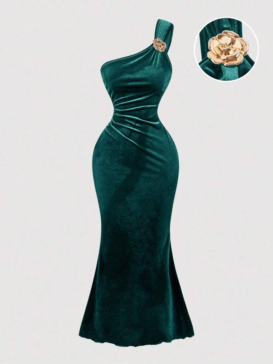 SHEIN MOD Váy dài vai thanh lịch cổ điển dành cho nữ - Màu xanh lá cây đậm - Xem 1