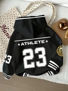 少女休闲简约23数字印花图案，时尚篮球球衣风格，学院风，街头时尚，返校季，宽松圆领舒适长袖卫衣，适合秋冬季节穿着，也可作为棒球夹克、男童卫衣、棒球上衣或女童棒球夹克穿着。 - 彩色 - 查看 2