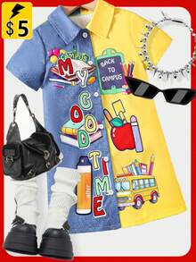 SHEIN Young Girl's Spring/Summer Two-Tone Letter & Book Print Shirt Dress, School, Campus, College Summer Holiday - Multicolor - View 7