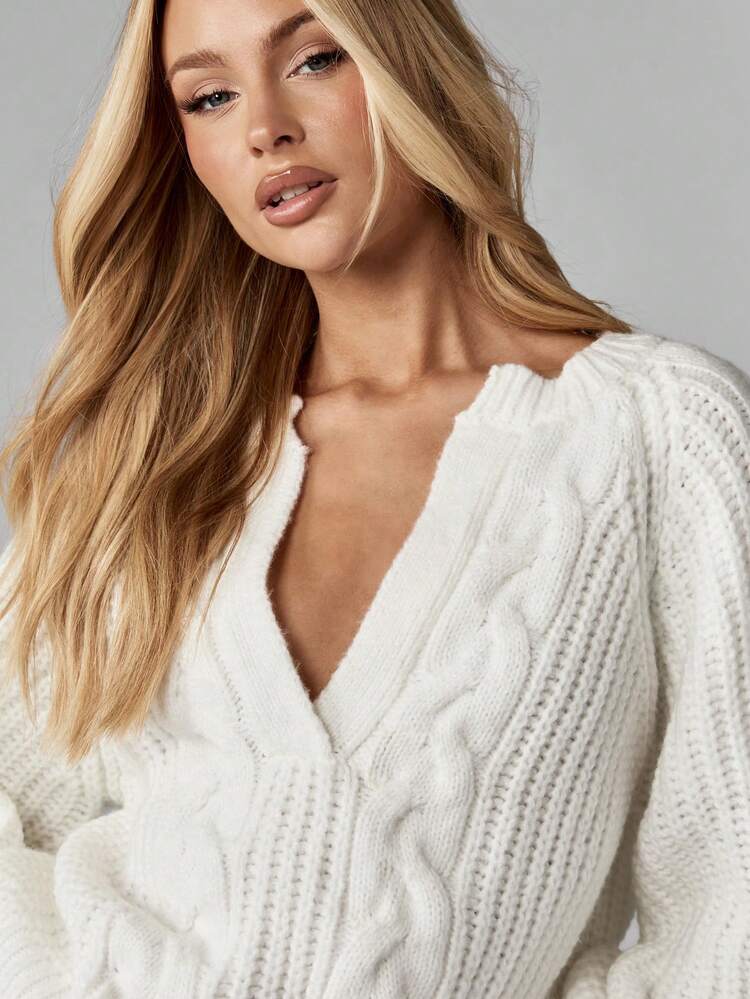 MISSGUIDED Cable Knit Cropped Sweater With Balloon Sleeves