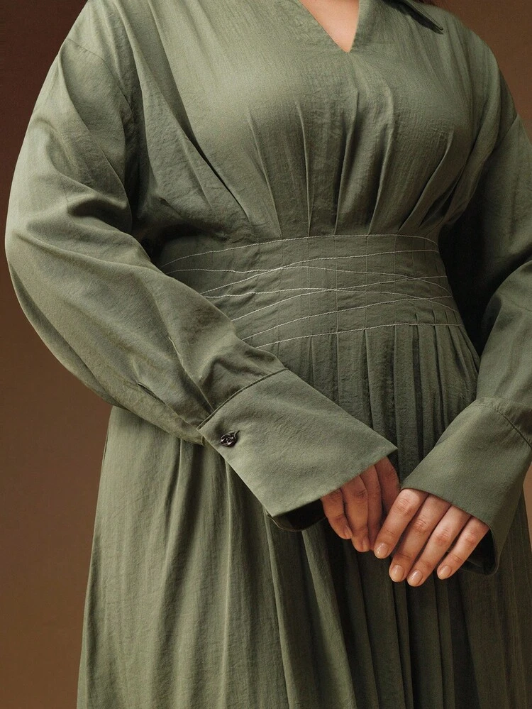 Women's Elegant Commuter Dress, Green Long Sleeve Waist Pleated Collar Dress